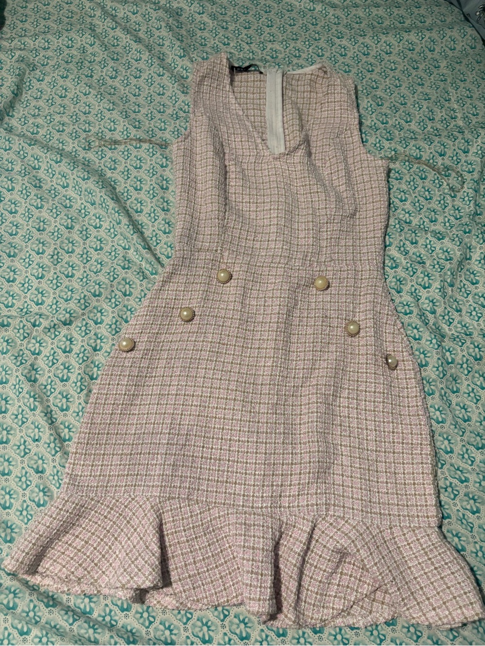 Parisian Works Pink Tweed Ruffle-Hem Sheath Dress